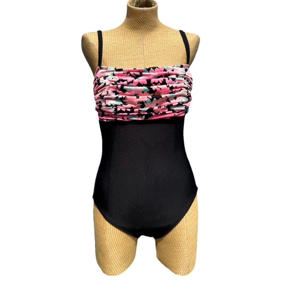 VTG  90's‎ La Blanca One Piece Swimsuit Black With Neon Pink Flowers Sz 16 READ